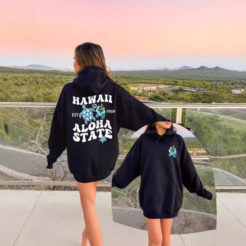 2025 Women's EU Size Ribbed Drop Shoulder Hoodie - Hawaiian Beach Print