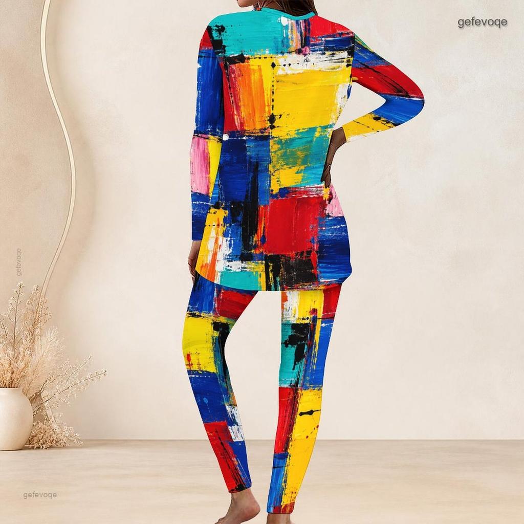 Women Plus Size Abstract Printed Two Piece Pants Set Round Neck Long Sleeve Longline Top Fitted Pants