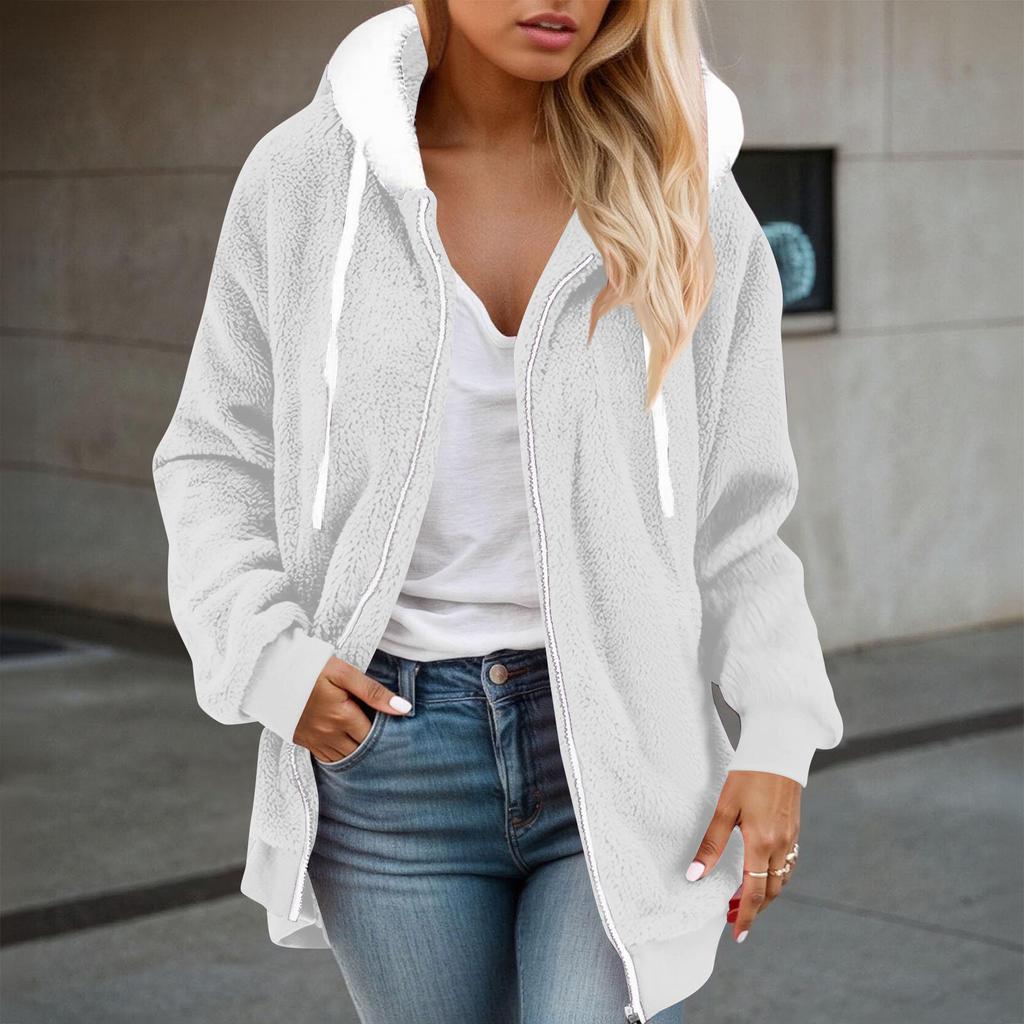 Women's Fuzzy Fleece Jacket Hooded Color Block Patchwork Lady Cardigan Coat Outerwear With Pockets And Ears