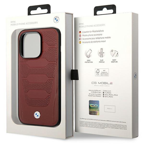 Etui do iPhone 14 Pro BMW Leather Seats Pattern MagSafe Burgundowy