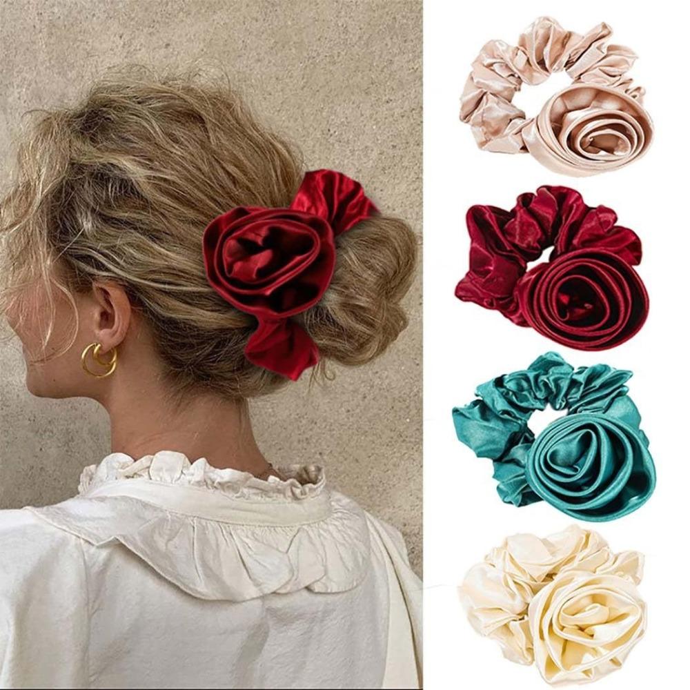 Flower Design Korean Hair Bands Satin Material Big Flower Scrunchies Rose Hair Ties  Daily Use