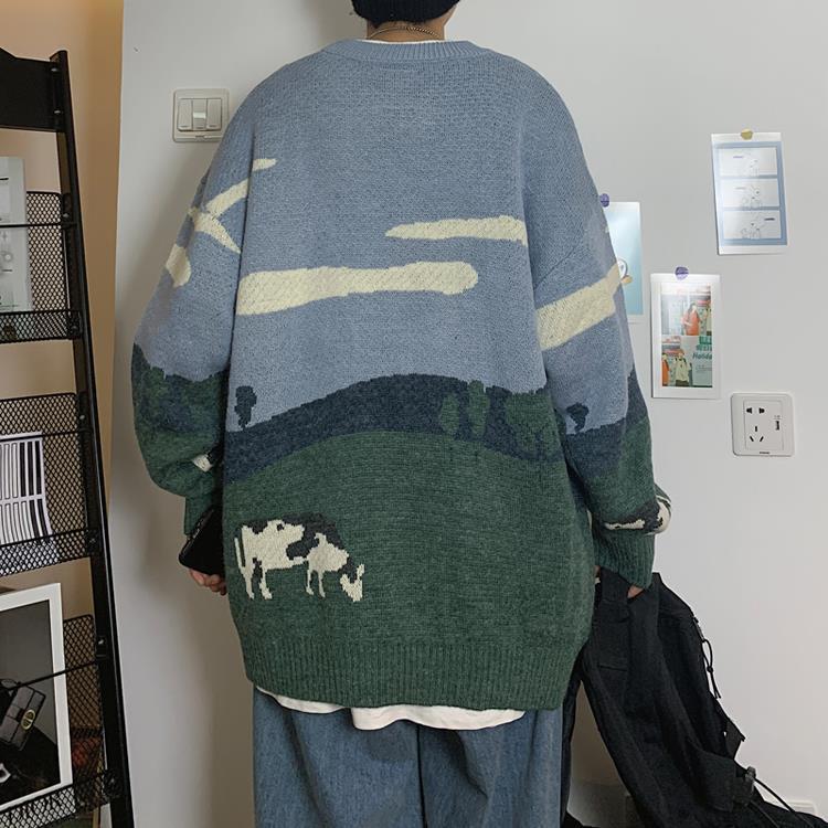 Retro Style Round Neck Cow Pattern Sweater Men's Winter Fashion Pullover Women's Casual Knitwear