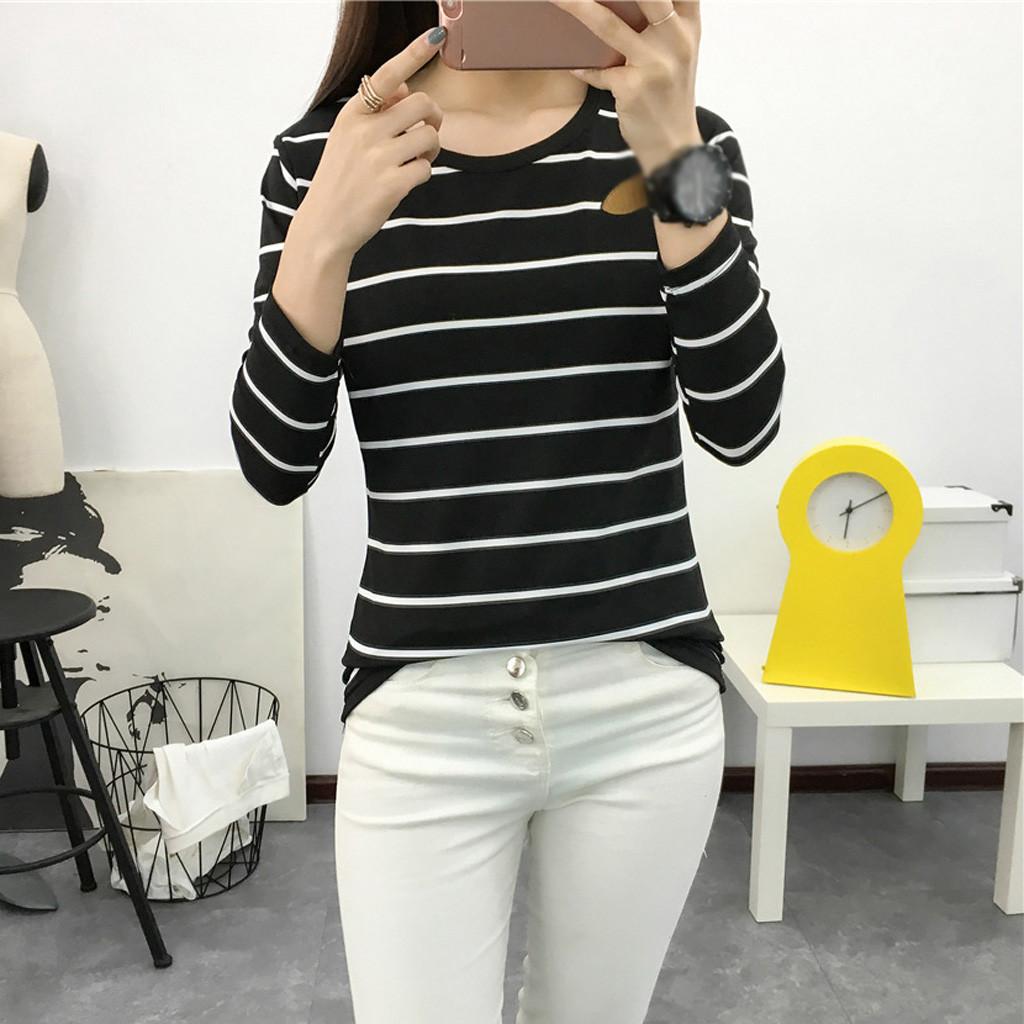 Women Korean Version Loose Stripe Long Sleeve  Bottoming Shirt Casual Tops