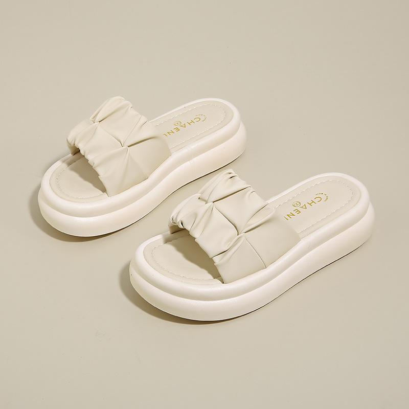 

Women s Ruched Platform Slide Sandals Thick Sole Non-Slip Casual Slippers for Summer & Beach 34 бежевый
