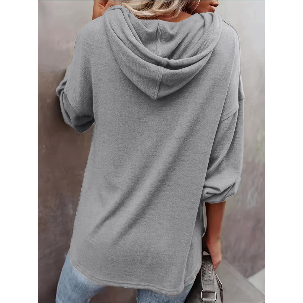 Women's Solid Color Oversized Hoodie, Casual Comfortable V Neck Button Front Sweatshirt, European American Style Crossbody Top for Women