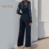 Damen Langarm-Jumpsuit aus Spitze, formeller Jumpsuit mit hoher Taille und weitem Bein, Strampler mit Gürtel, Sommer-Overall-Outfit