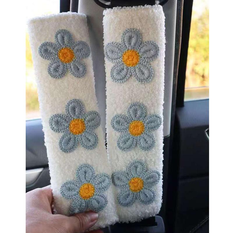2pc Small Flower Shoulder Protector Car Interior Accessories Women Plush Creative Safety Belt Cover Interior Accessories Girl