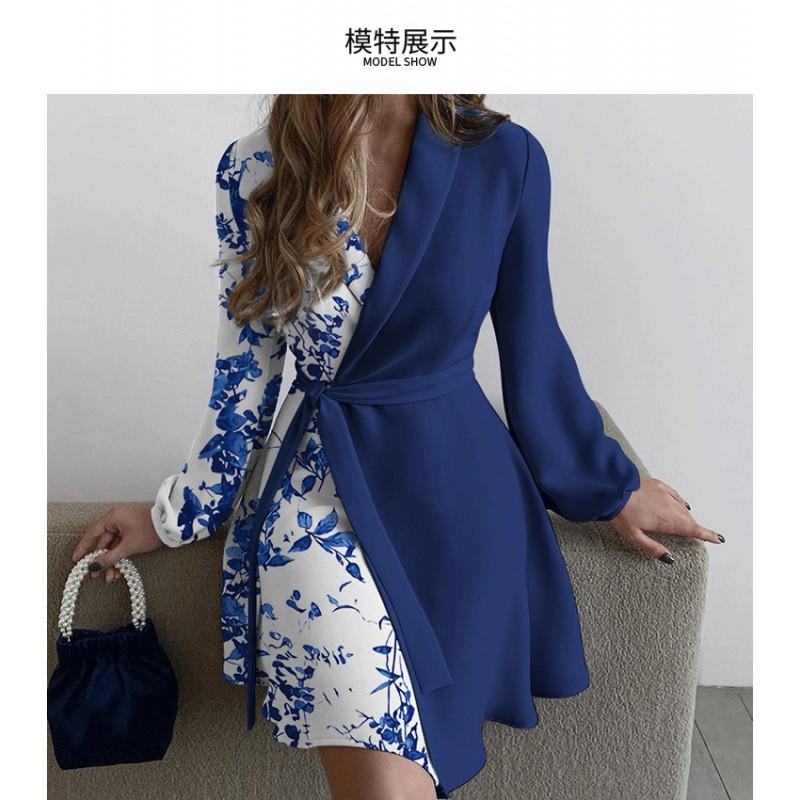 Womens Elegant Wrap-Style Colorblock Tie-Waist Dress With V-Neck Long Sleeve Asymmetrical Hem