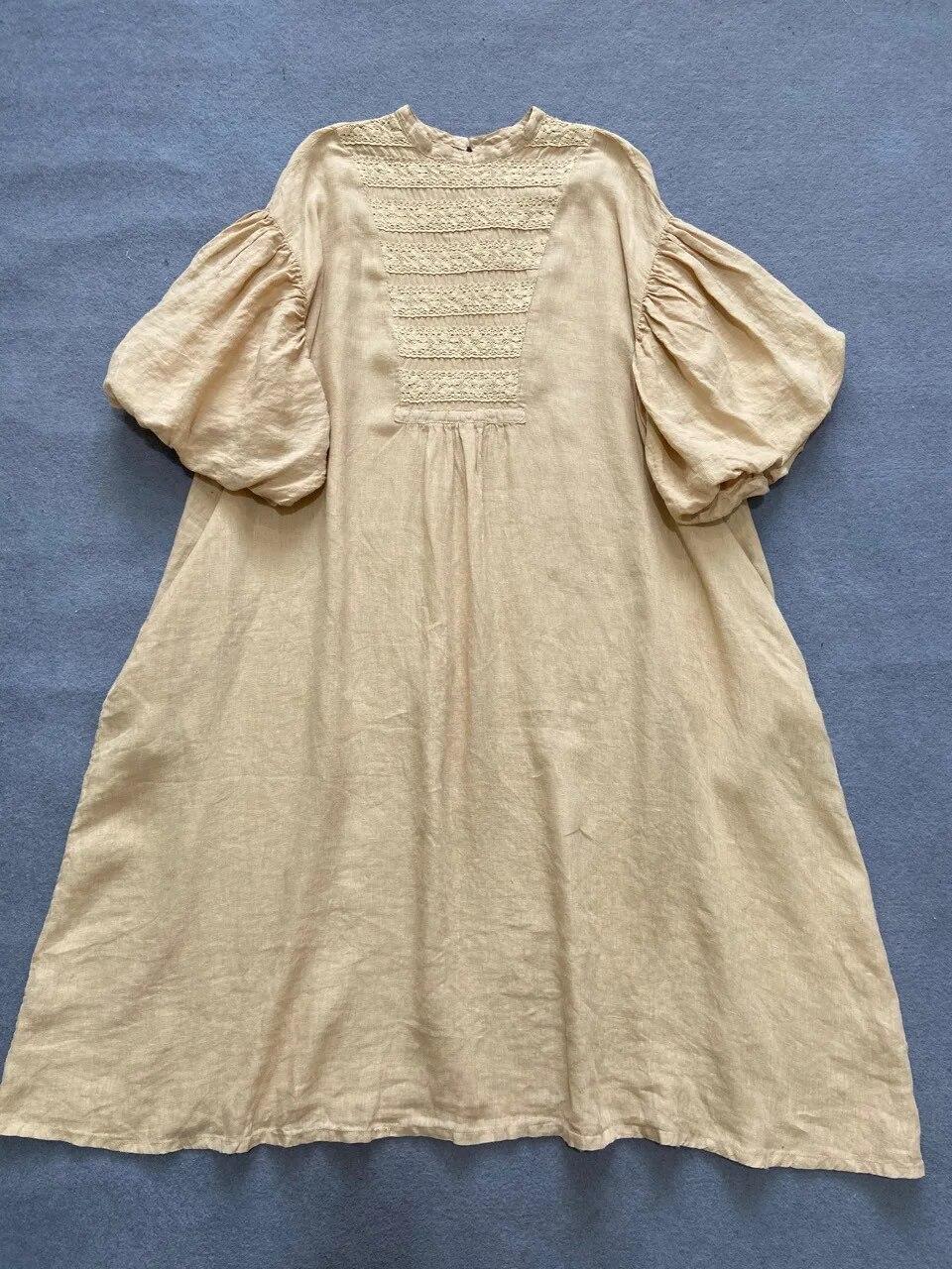 

Johnature винтажные женские платья с пышными рукавами, летние однотонные лоскутные кружевные свободные карманы, женское платье One Size светло-желтого