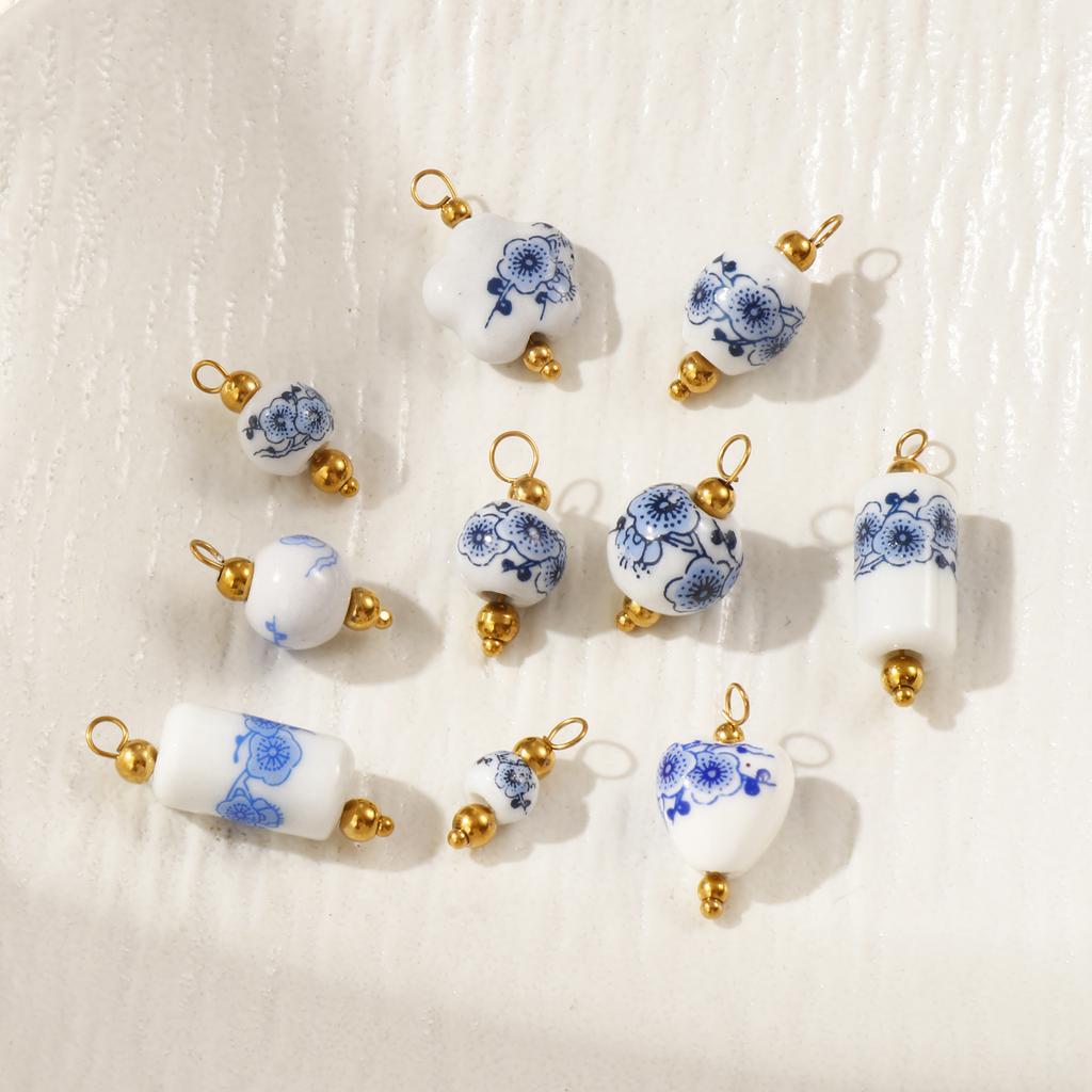 2 Pcs 304 Stainless Steel & Ceramic Charms Geometric Plum Flower Blue Printings For DIY Jewelry Necklace Earrings Keychains