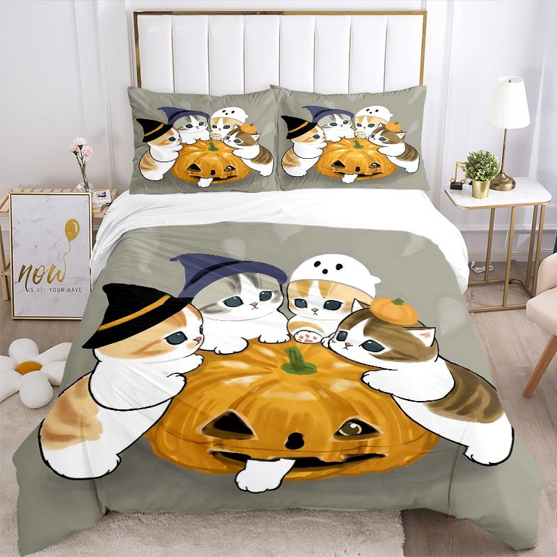 3pcs Halloween Kitties Quilt Cover Set - Soft & Comfortable Polyester Fabric, All-Season Breathable Comforter Set For 1 Quilt Cover & 2 Pillowcas