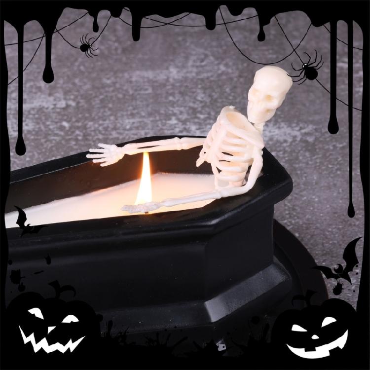 Realistische Halloween-Skelettfigur mit Kerze und Mini-Sarg-Schädel-Ornament für Horror-Mottoparty-Zubehör