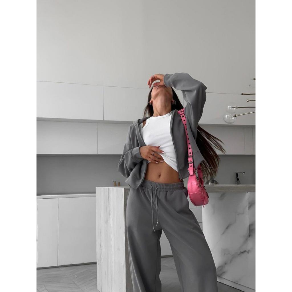 Women's New Zipper Hooded Sports Cardigan with Tie Up Pants Two-piece Casual Set