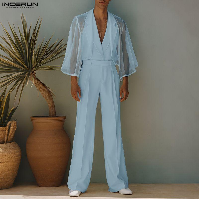 INCERUN Men Sets 3/4 Sleeve Mesh Sheer Layers Tops and Long Pants Casual Suits