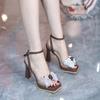 Spring and summer new square head thick-soled bow inlaid with brick buckle with stiletto high heels sandals