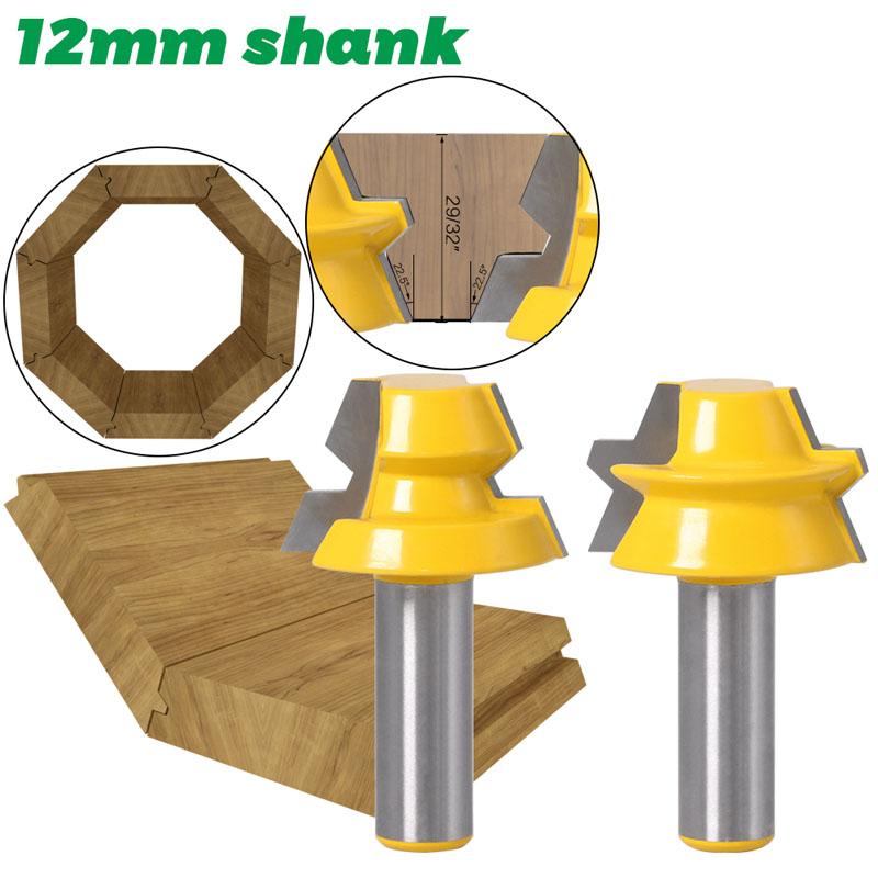 2PC Lock Miter Router 22.5 Degree Glue Joinery Router Bit Set Tenon Cutter for Woodworking Tools 8mm 12mm 1/2inch Shank