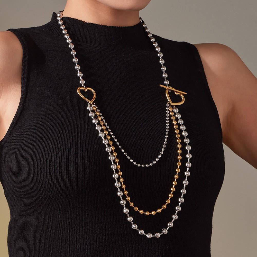 Two-tone Triple Layered Long Necklace In Stainless Steel 18k Gold Plated Beaded Sweater Chain Necklaces for Women