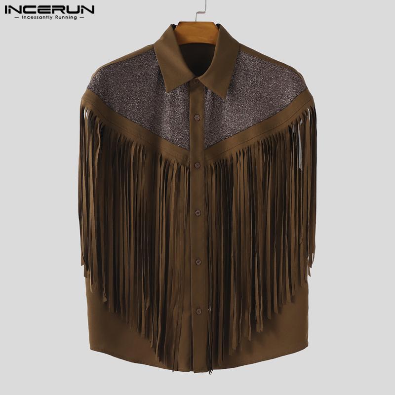 INCERUN Men Short Sleeve Glitter Tassel Patchwork Buttons Casual Tops T-shirts