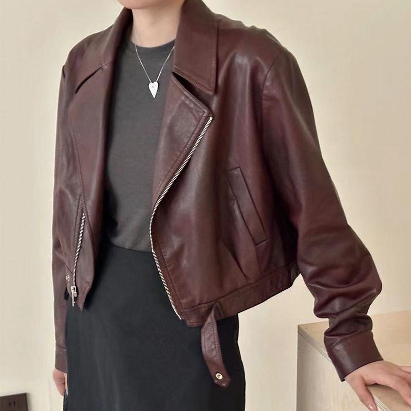 Kurtka ze skóry PU w stylu europejskim z kołnierzem typu „turned down” dla kobiet o ekskluzywnym charakterze na jesień i zimę