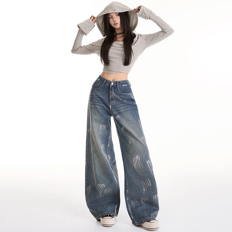 Autumn Winter Vintage Blue Silver Print High Waist Slim Floor Straight Wide Leg Denim Pants Women Casual Pants Oversize Denim Trousers