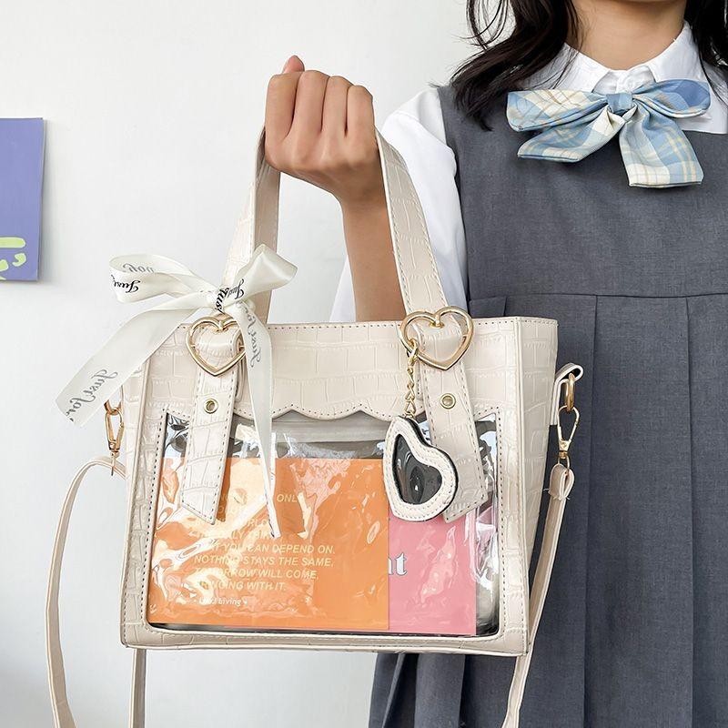 Sweet Cute Laced Bow Heart Charm Ita Bag Women Anime Crocodile Shoulder Bag Ladies Transparent Leather Large Capacity Handbag