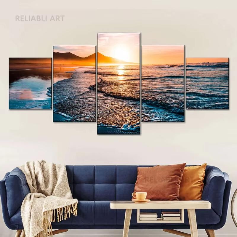 5 Stück Cleopatra Ozean Leinwandbild Wandkunst Oranger Himmel Ozeanstrand Multi Türkei Sandstrand Sonnenaufgang Wanddekoration Ohne Rahmen