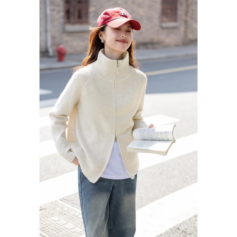 

Mokana Double Zipper Stand Collar Knit Sweater Jacket One Size