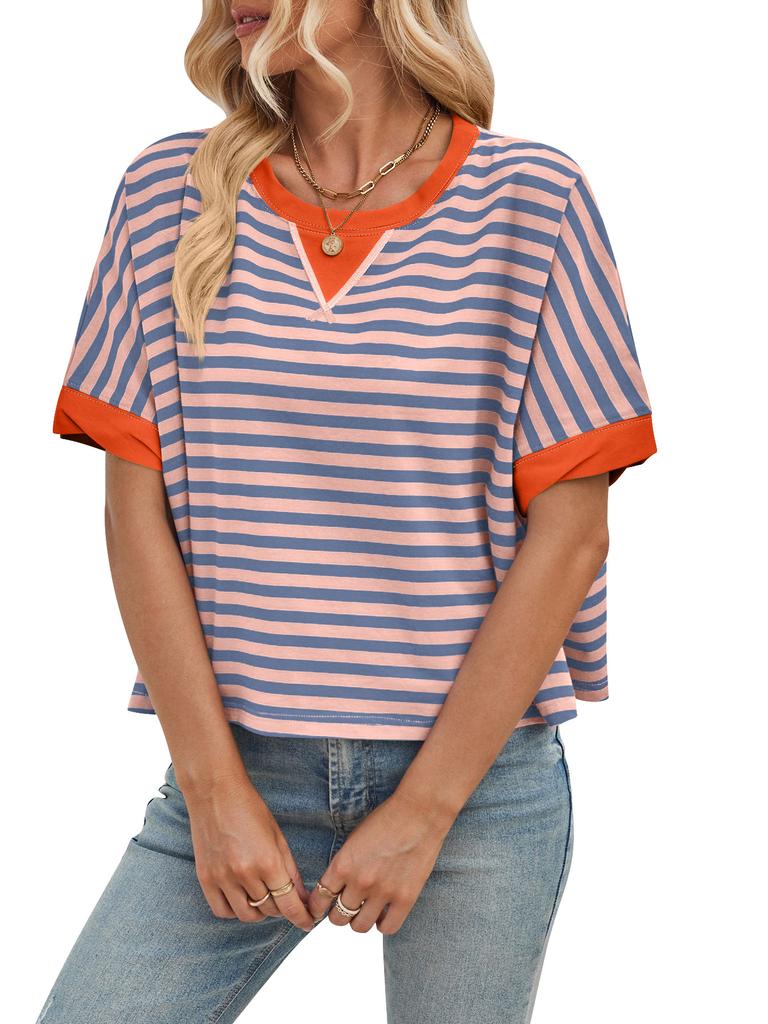 Sommerlich lässiges übergroßes gestreiftes Color-Block-Rundhals-Fledermausärmel-T-Shirt für Damen