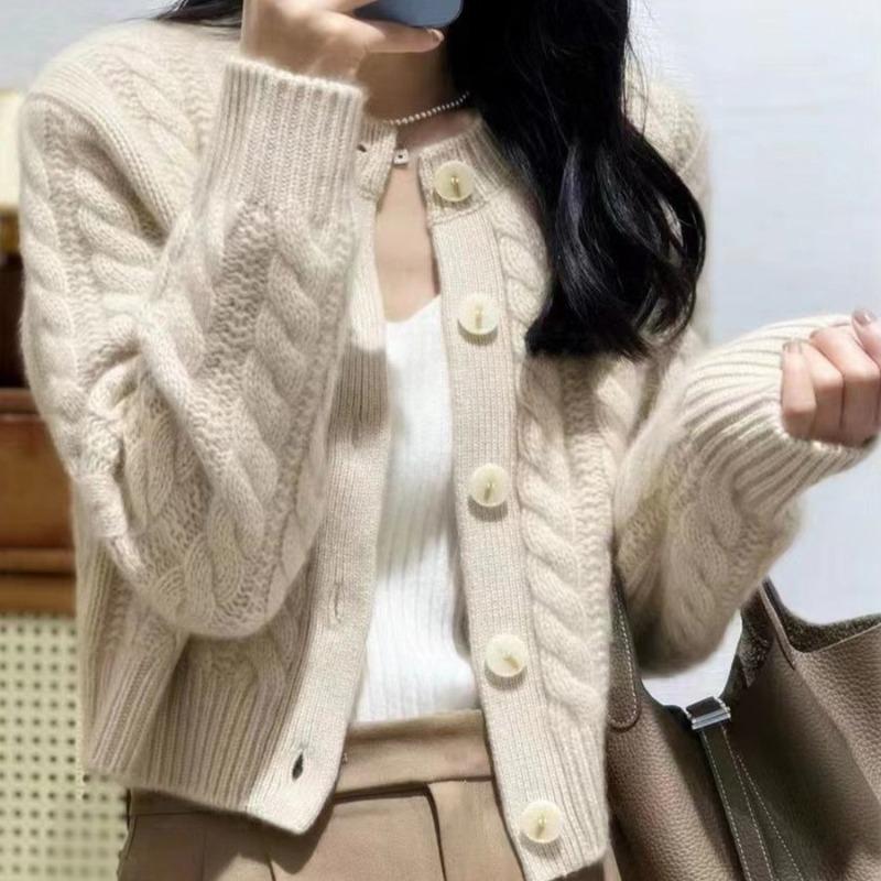 Autumn and Winter New Thickened Knitted Sweater Women's Crew Neck Sweater Cardigan Loose Lazy Twist Knitted Top Jacket