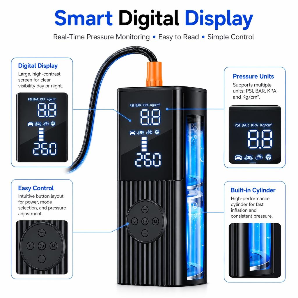 Portable Tire Pressure Gauge with Integrated Air Pump for Car Tire inflation210PSI Air Pressure22Tank Design with Rechargeable Battery LED Lighted