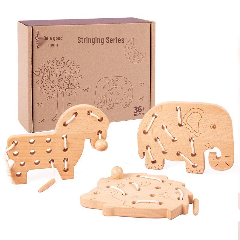 Beech Wood Chewable Stringing Toys for Toddlers - Unpainted Cognitive Puzzle Blocks