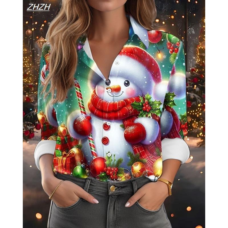 Christmas Women's Shirt Graphic Santa Claus Elegant Vintage Tropical Long Sleeve Shirt Collar Regular Top Work Daily Fall Winter