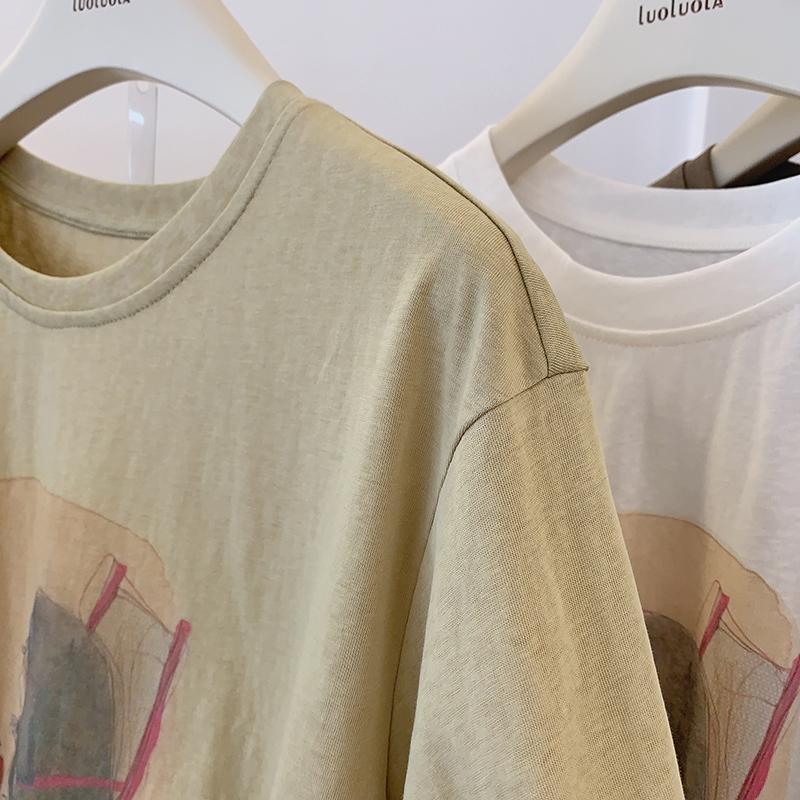 Women's Casual Abstract Figure Print T-Shirt Loose Fit Rolled Short Sleeve Crew Neck Summer Top