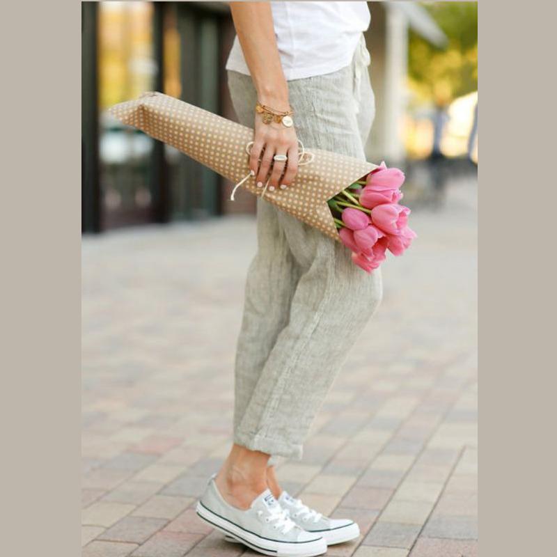 New Solid Color Loose Casual Drawstring Elastic Waist Jogger Pants for Womens Drawstring Capri Tapered Pants Trousers with Pockets