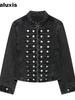 Women's Napoleon Style Button Embroidery Patch Slim Fit Denim Jacket Top