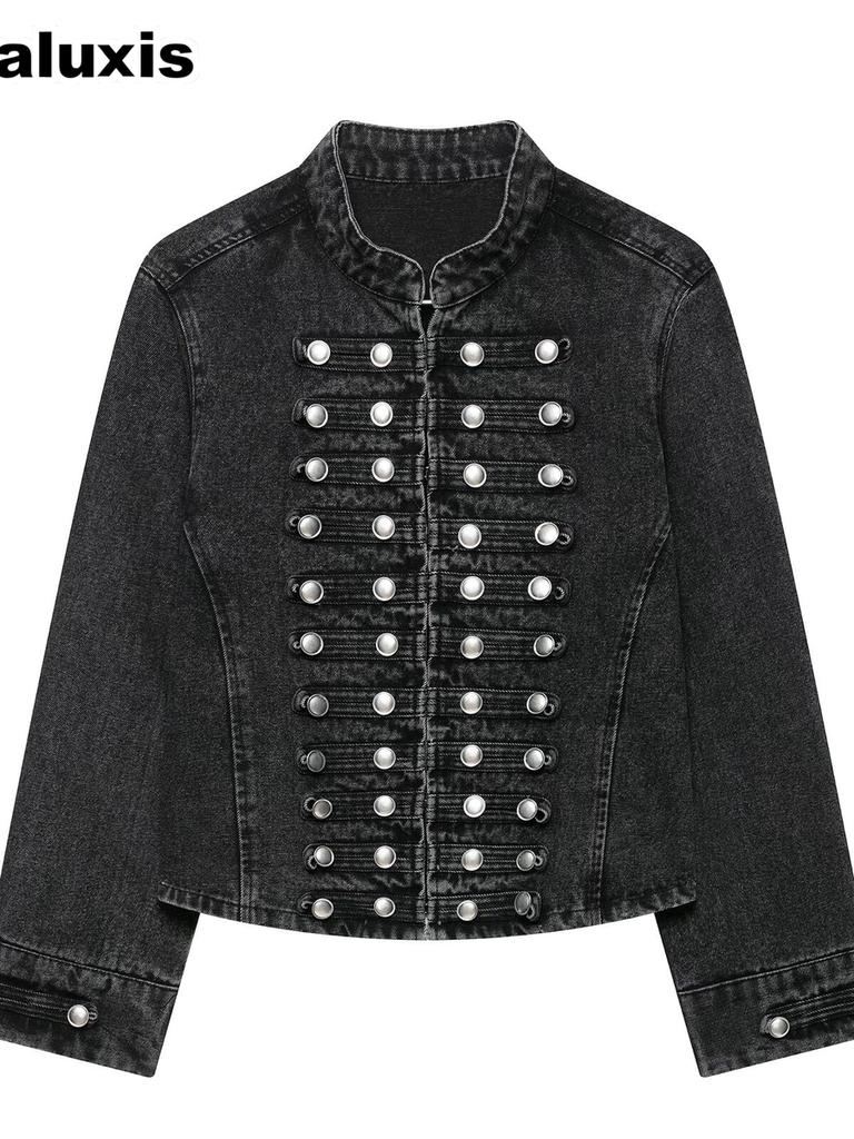 Women's Napoleon Style Button Embroidery Patch Slim Fit Denim Jacket Top