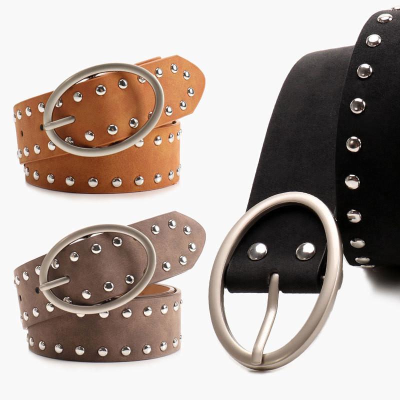 Faux Streetwear Women Leather Rivets Belt With Alloy Metal Buckle For Use Daily