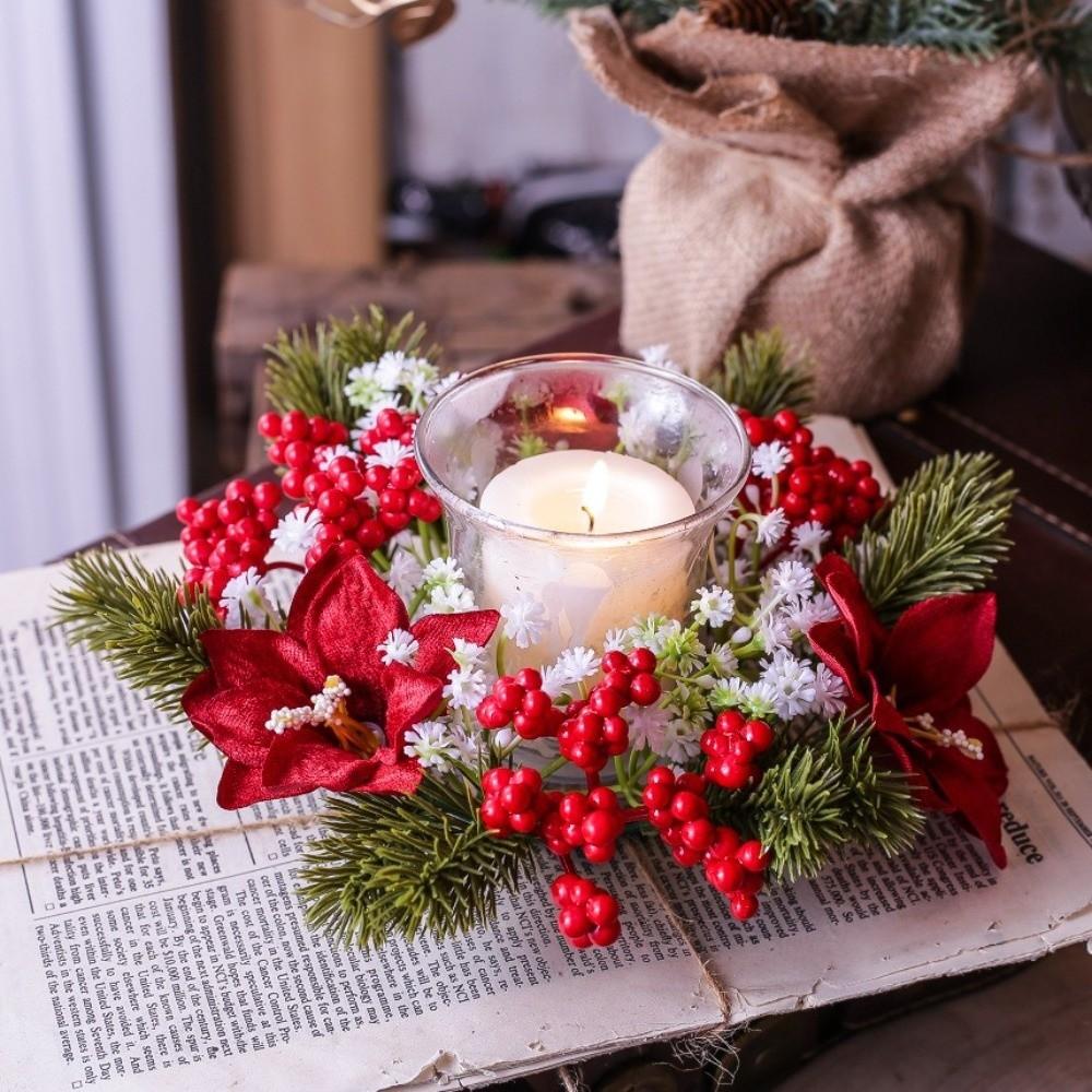 Artificial Pine Needles Christmas Wreath Red Berries Candle Ring Wreath  Table Centerpiece