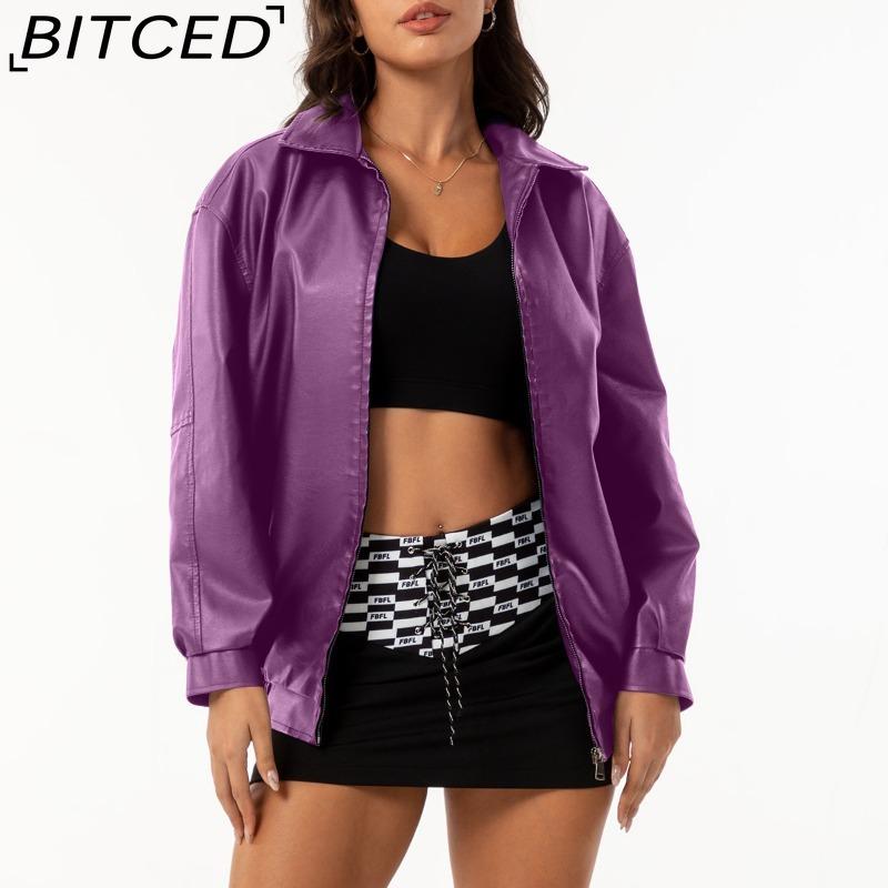 BITCED Fashionable Oversized Leather Jacket for Women Long-Sleeve Collared Spring/Fall Coat