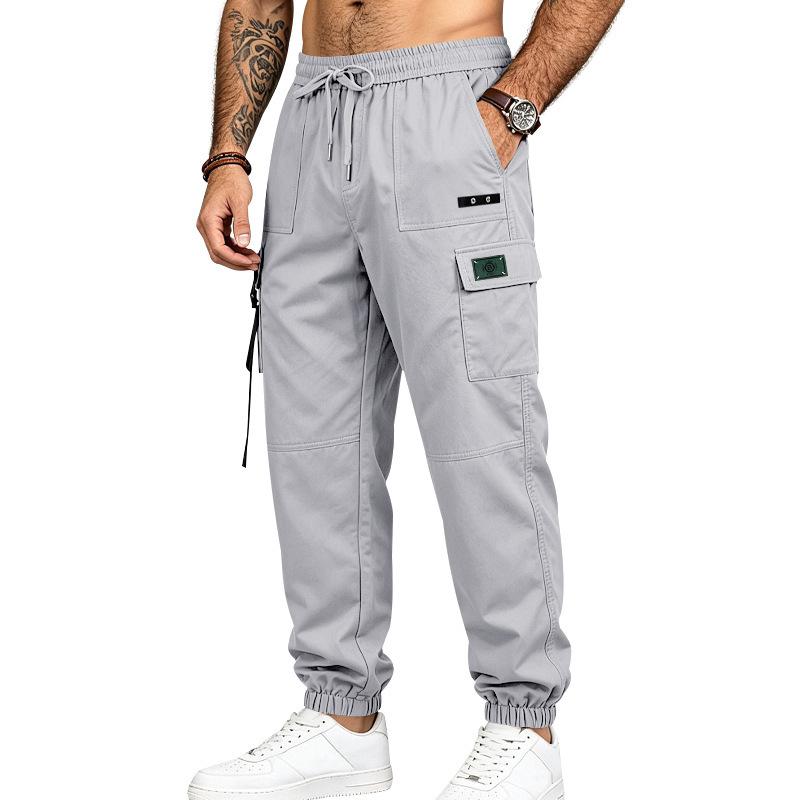Men Drawstring Elastic Waist Jogger Cargo Pants, Multi Pockets Ribbon Decor Tapered Ankle Cuffs Casual Streetwear Utility Trousers Outdoor Daily Wear