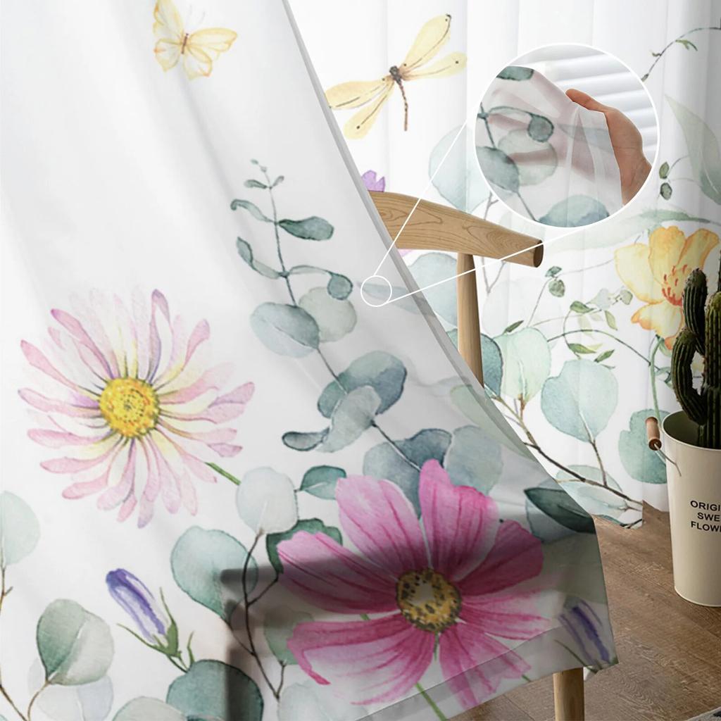 Idyllische Wildblumenblätter Tüllvorhänge für Wohnzimmer, transparenter Vorhang für Schlafzimmer, Weihnachtsjalousien, Voile-Vorhänge