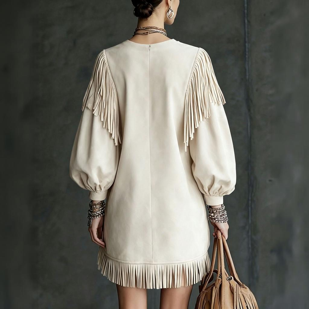 Damen Boho Quastenärmel Kurzkleid Lockerer Schnitt Mehrfarbig für Arbeit und Urlaub