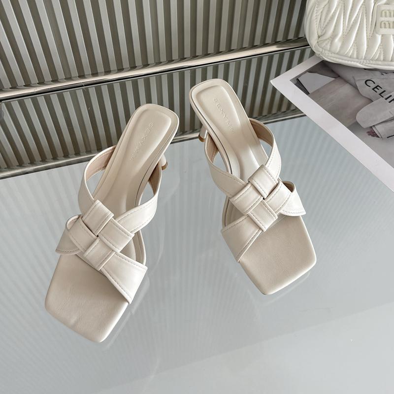 Fashion SUOJIALUN 2025 Summer New Brand Women Slipper Fashion Square Toe Slip On Ladies Slides Square High Heel Dress Sandal Shoes