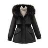Winter Women Coat Furry Hood Thickened Plush Mid Length Jacket Long Sleeves Elastic Waist Windproof Pockets Zipper Closure