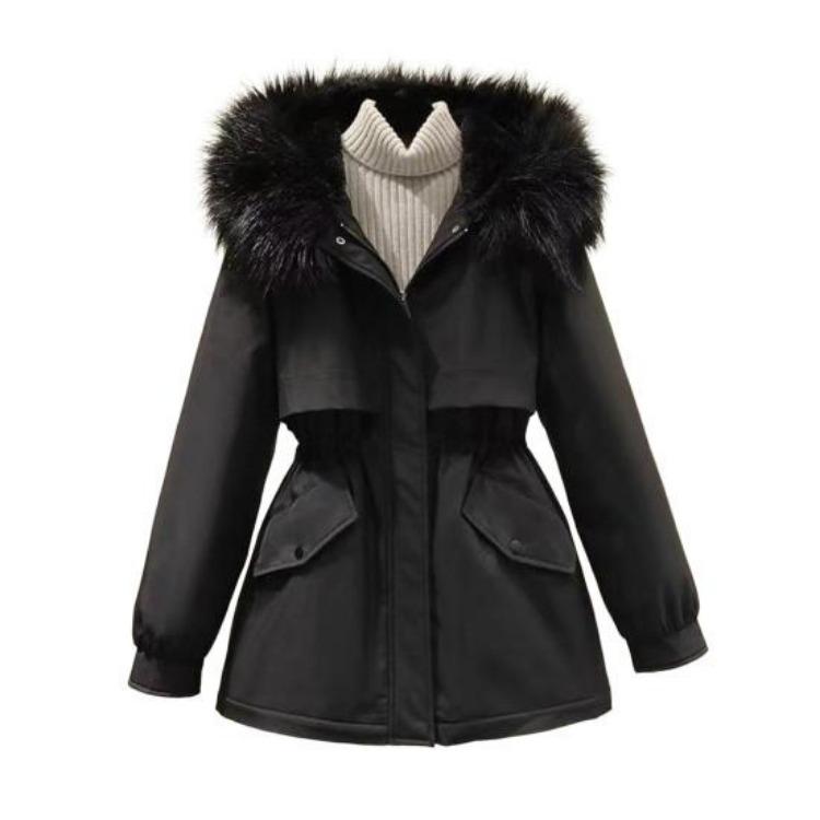 Winter Women Coat Furry Hood Thickened Plush Mid Length Jacket Long Sleeves Elastic Waist Windproof Pockets Zipper Closure
