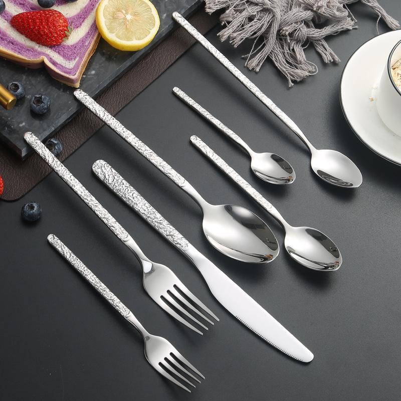 Bright 201 Stainless Steel Embossed Stone Knives, Forks and Spoons Supplies Western Tableware Set Steak Knives, Forks and Ice Spoons