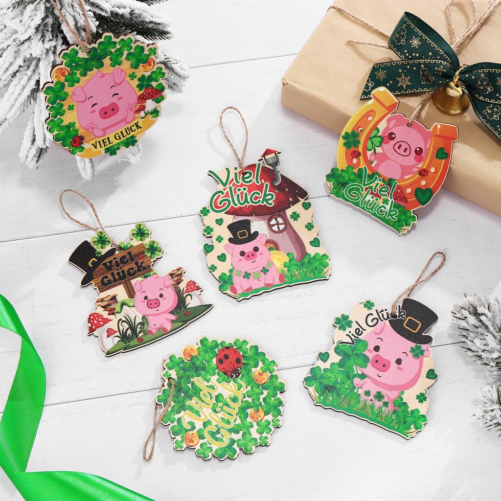 12 StüCk GlüCksbringer Aus Holz FüR Silvester, Schwein, Pilz, Hufeisen, HäNgende Ornamente, AnhäNger, Dekoration FüR Viel GlüCk,