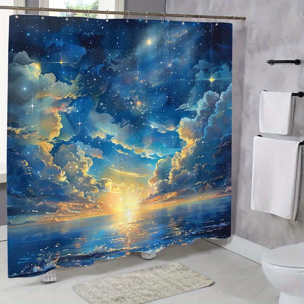 Sunset Scenery Shower Curtain - Starlight & Clouds Intertwined, Natural Landscape, Polyester Bathroom Decor, 12 Hooks