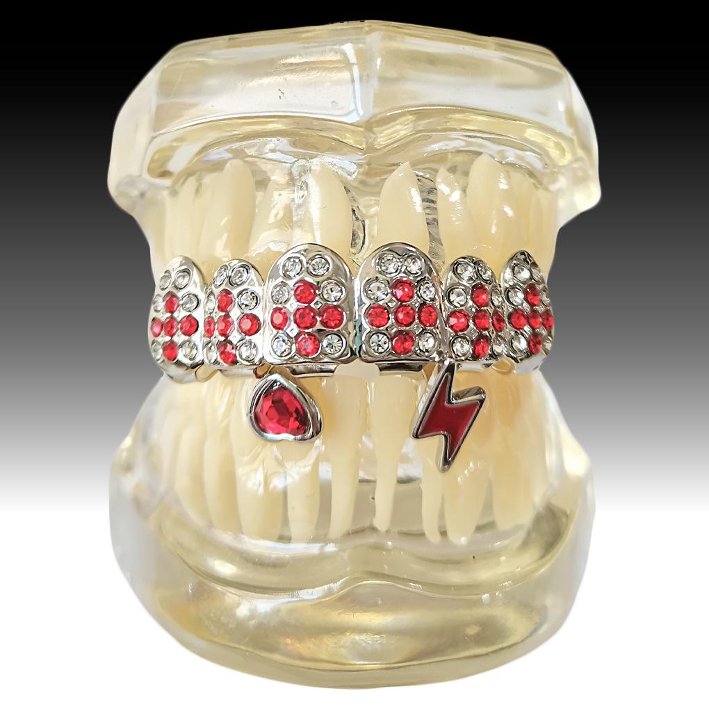Stylish Hip Hop Grillz Set: Red Diamond Cross & Lightning Gold