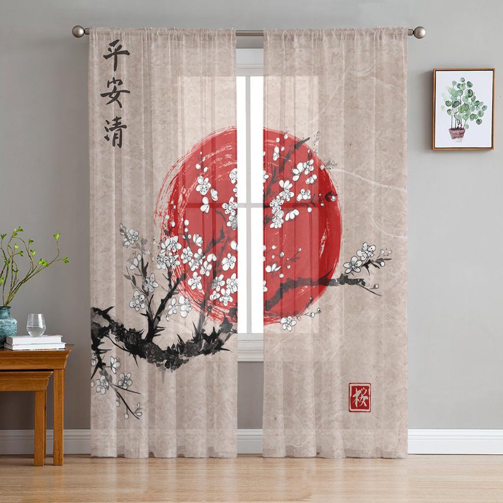 Japan Rote Sonne Geisha Frau Drache Bambus Chiffon Gardinen für Wohnzimmer Schlafzimmer Dekor Fenster Voile Tüll Vorhang Vorhänge